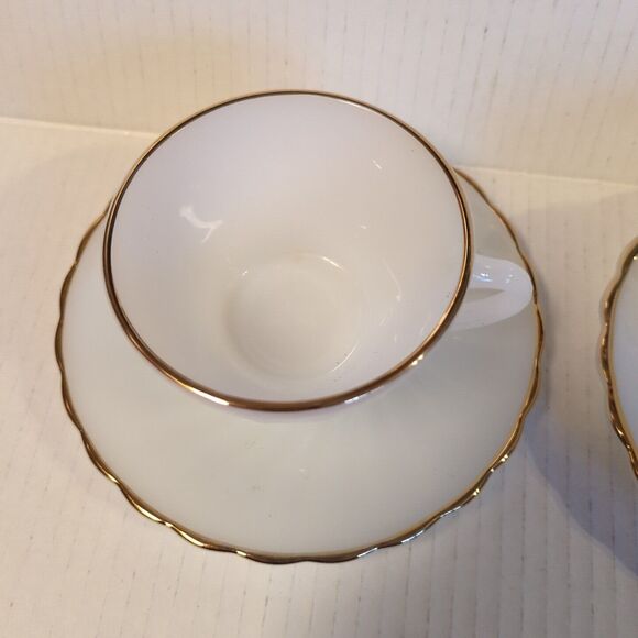 Anchor Hocking Suburbia Milk Glass Teacup And Saucer Gold Rim Vintage Set 2 - Picture 3 of 7
